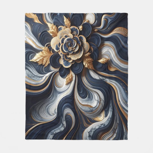Abstrakte Marmormalerei in Navy Blue und Gold Fleecedecke (Vorderseite)