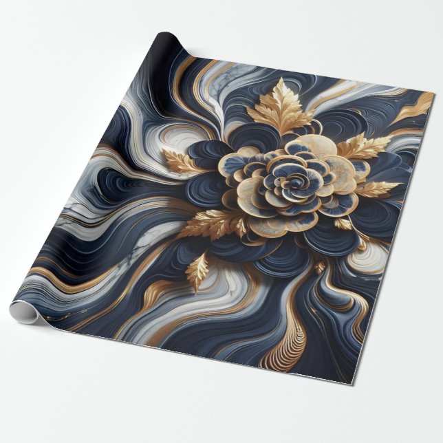 Abstrakte Marmormalerei in Navy Blue und Gold Geschenkpapier (Ungerollt)