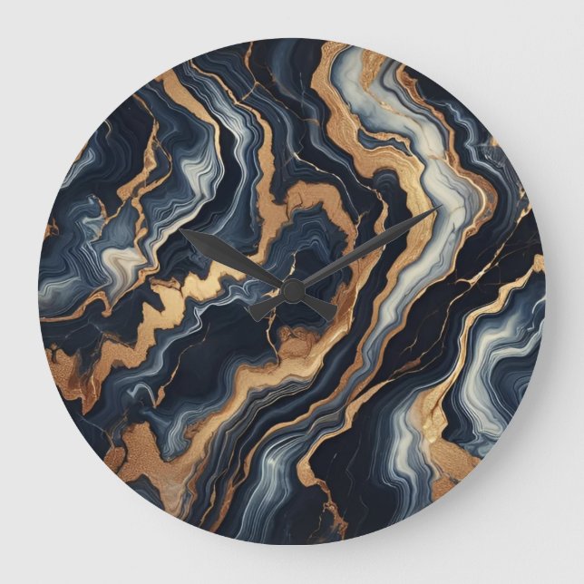 Abstrakte Marmormalerei in Navy Blue und Gold Große Wanduhr (Vorderseite)
