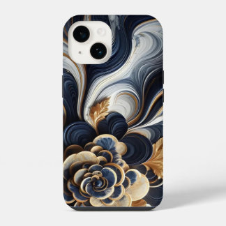 Abstrakte Marmormalerei in Navy Blue und Gold iPhone 14 Hülle