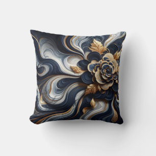 Abstrakte Marmormalerei in Navy Blue und Gold Kissen