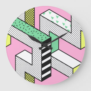 Abstrakte Memphis: 80er geometrische Formen. Große Wanduhr