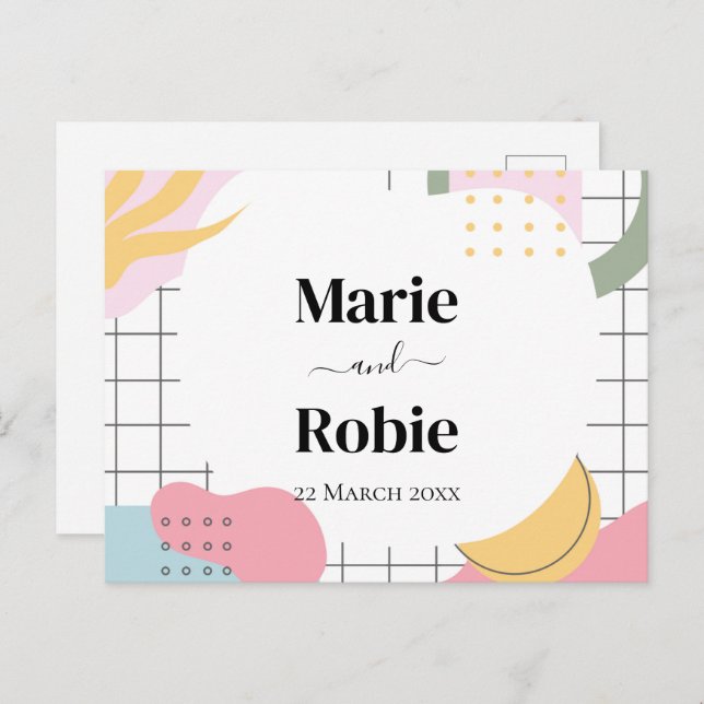 Abstrakte Memphis-Hochzeit Einladungspostkarte (Vorne/Hinten)