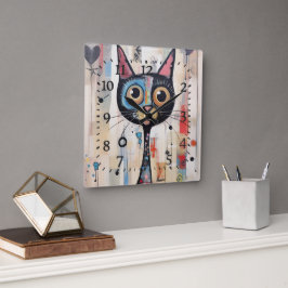 Abstrakte Mit Augen Happy Cat Quadratische Wanduhr