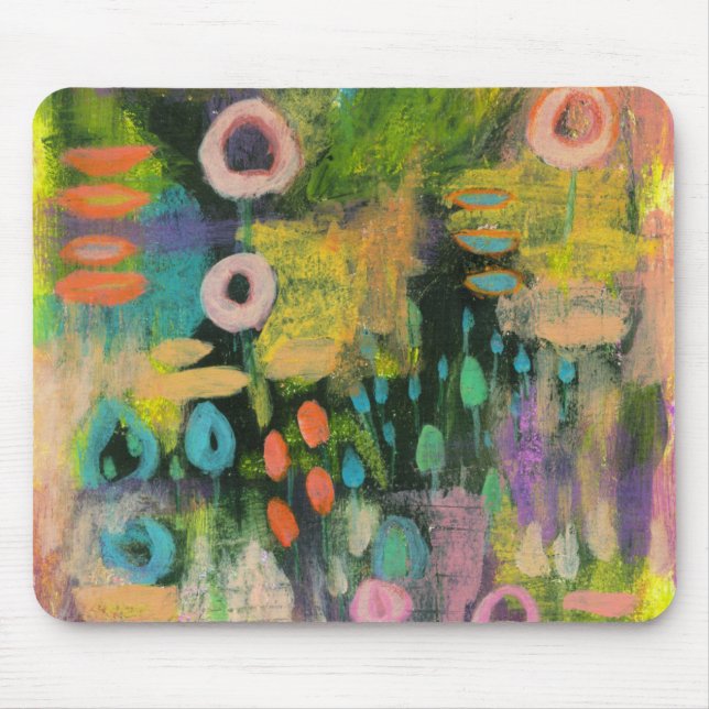Abstrakte Mixed Media Floral Primitive Art Malerei Mousepad (Vorne)