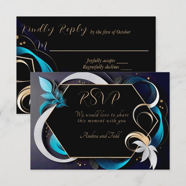 Abstrakte, moderne aquamarine, weiße Hochzeit RSVP Karte (Vorne/Hinten)