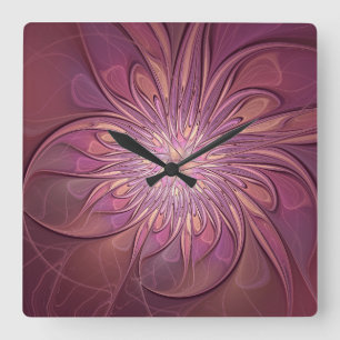Abstrakte moderne florale fraktale Kunst Beerfarbe Quadratische Wanduhr