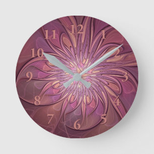 Abstrakte moderne florale fraktale Kunst Beerfarbe Runde Wanduhr