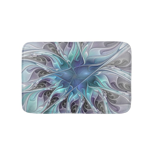 Abstrakte moderne Fraktal-Blume mit Blau geblüht Badematte (Vorderseite)