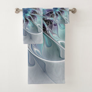 Abstrakte moderne Fraktal-Blume mit Blau geblüht Badhandtuch Set