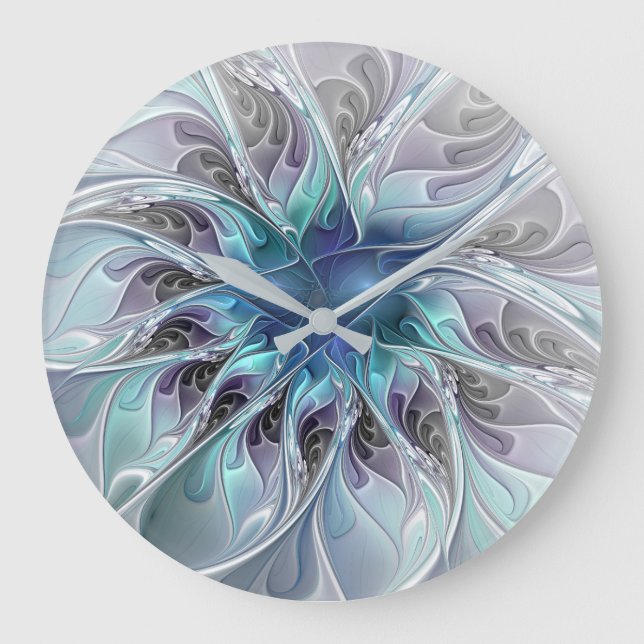 Abstrakte moderne Fraktal-Blume mit Blau geblüht Große Wanduhr (Vorderseite)