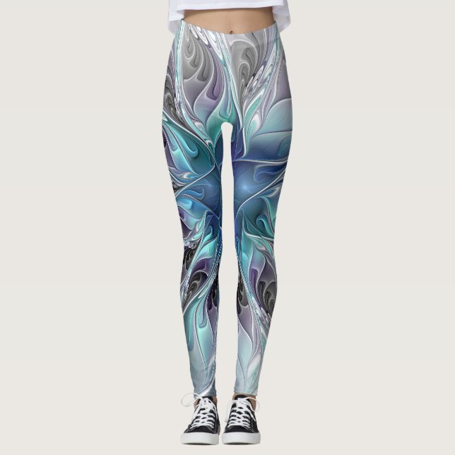 Abstrakte moderne Fraktal-Blume mit Blau geblüht Leggings (Vorderseite)