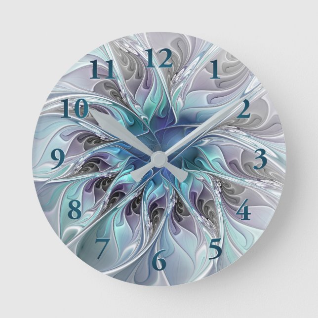Abstrakte moderne Fraktal-Blume mit Blau geblüht Runde Wanduhr (Vorderseite)