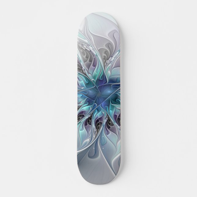 Abstrakte moderne Fraktal-Blume mit Blau geblüht Skateboard (Vorne)