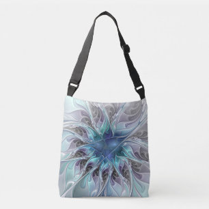 Abstrakte moderne Fraktal-Blume mit Blau geblüht Tragetaschen Mit Langen Trägern
