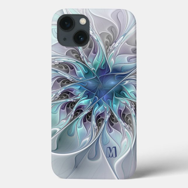 Abstrakte moderne Fraktal-Blume mit blauem Monogra Case-Mate iPhone Hülle (Rückseite)