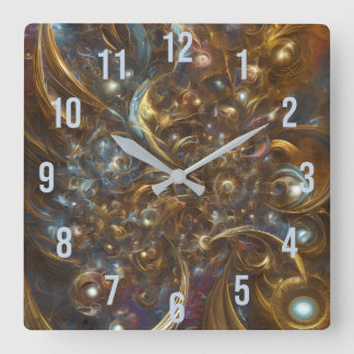Abstrakte moderne Gold Fraktal Blume geblüht Quadratische Wanduhr