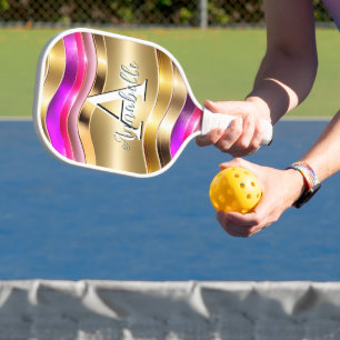 Abstrakte moderne Gold Silver & Pink Waves Pickleball Schläger