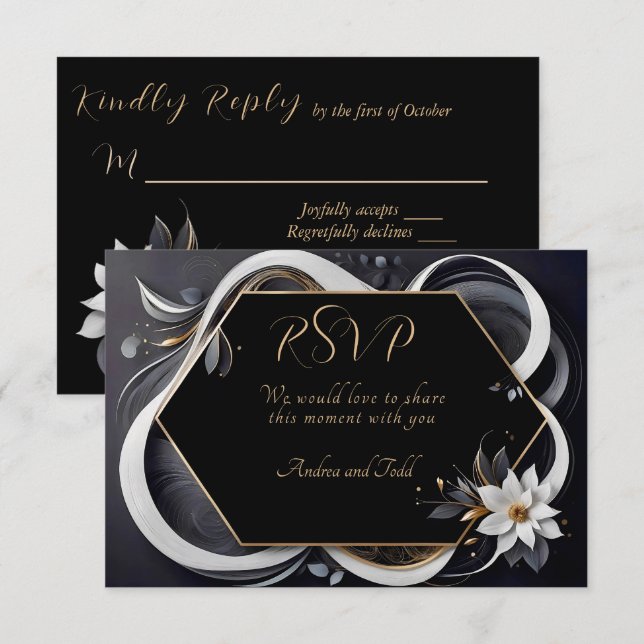 Abstrakte, moderne Hochzeit in Weiß und Gold RSVP Karte (Vorne/Hinten)