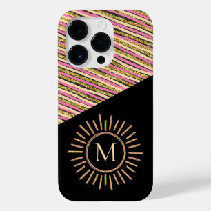 Abstrakte, moderne Monogram Gold Pink Streifen Case-Mate iPhone 14 Pro Hülle