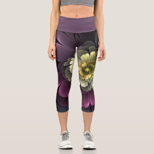 Abstrakte moderne Purpur-Khaki-Grau-Fraktal-Blume Capri Leggings