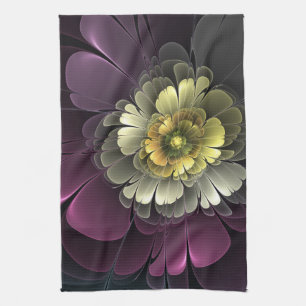 Abstrakte moderne Purpur-Khaki-Grau-Fraktal-Blume Geschirrtuch