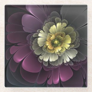Abstrakte moderne Purpur-Khaki-Grau-Fraktal-Blume Glasuntersetzer