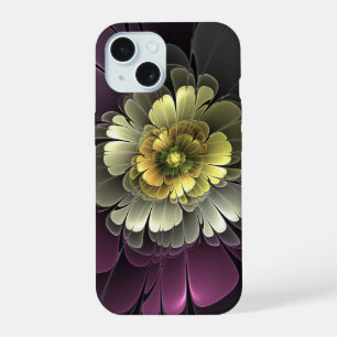 Abstrakte moderne Purpur-Khaki-Grau-Fraktal-Blume iPhone 15 Hülle