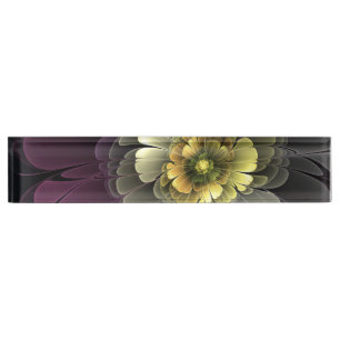 Abstrakte moderne Purpur-Khaki-Grau-Fraktal-Blume Namensplakette