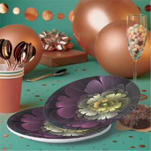 Abstrakte moderne Purpur-Khaki-Grau-Fraktal-Blume Pappteller