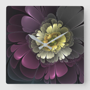 Abstrakte moderne Purpur-Khaki-Grau-Fraktal-Blume Quadratische Wanduhr