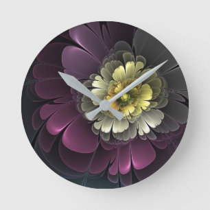 Abstrakte moderne Purpur-Khaki-Grau-Fraktal-Blume Runde Wanduhr