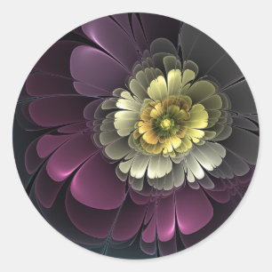 Abstrakte moderne Purpur-Khaki-Grau-Fraktal-Blume Runder Aufkleber