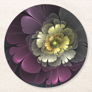 Abstrakte moderne Purpur Khaki Grau Fraktal-Blume Runder Pappuntersetzer
