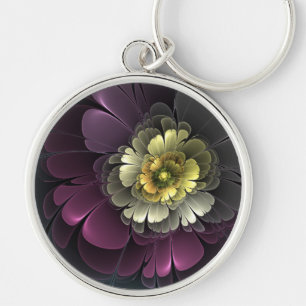 Abstrakte moderne Purpur-Khaki-Grau-Fraktal-Blume Schlüsselanhänger