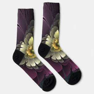 Abstrakte moderne Purpur-Khaki-Grau-Fraktal-Blume Socken