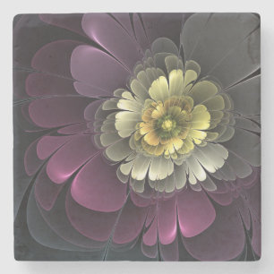 Abstrakte moderne Purpur-Khaki-Grau-Fraktal-Blume Steinuntersetzer