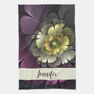 Abstrakte moderne Purpur-Khaki-Graue Blume Name Geschirrtuch