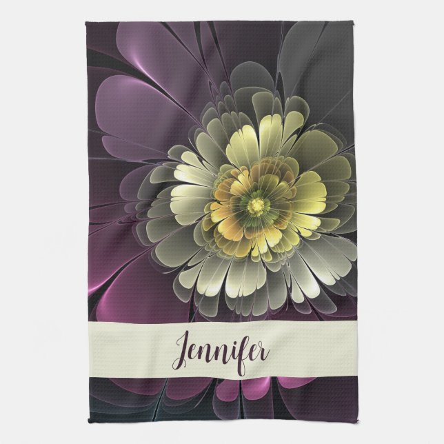 Abstrakte moderne Purpur Khaki Graue Blume Name Geschirrtuch (Vertikal)