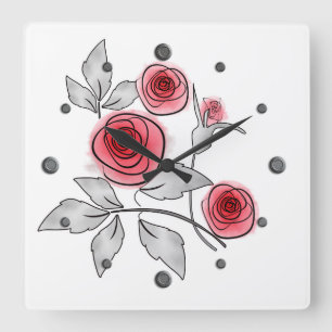 Abstrakte moderne Rose Blume Rot-Graublüte Quadratische Wanduhr