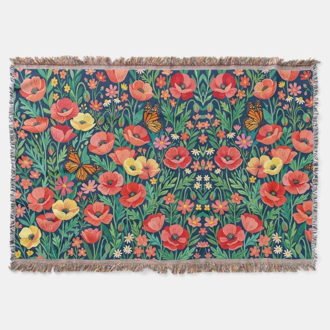 Abstrakte Mohnblumen Monarch-Schmetterlinge Decken (Vorderseite)