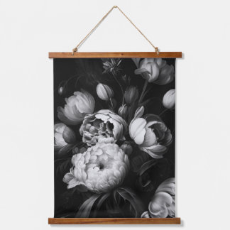 Abstrakte Moody-Blumen in Schwarzweiß Wandteppich Mit Holzrahmen