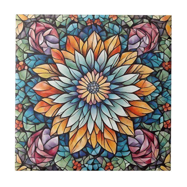Abstrakte Mosaik-Blume Kaleidoskop Fliese (Vorderseite)