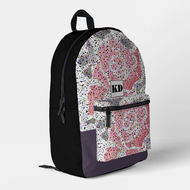 Abstrakte Mosaik-Blume Rose Rosa Graue Blüte Bedruckter Rucksack (Rückseitige Ecke links)