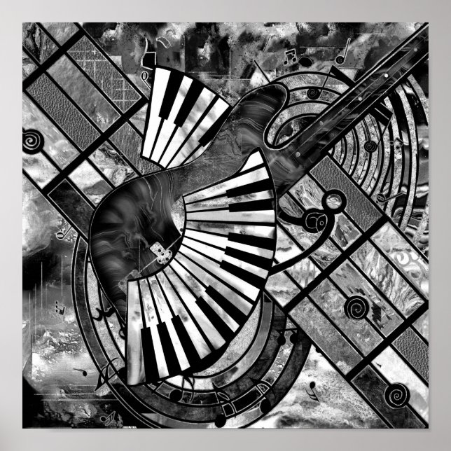 Abstrakte Musikkunst - Graustufen-Mischtexte Poster (Vorne)