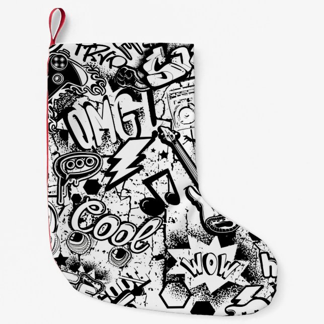 Abstrakte nahtlose Schwarzweiß-Comicen Graffiti  Kleiner Weihnachtsstrumpf (Vorderseite)