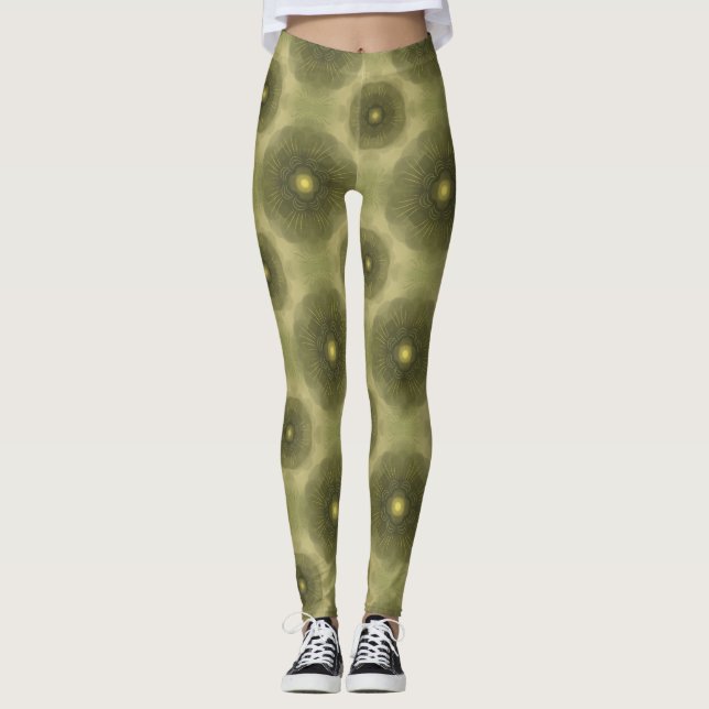 Abstrakte Olive Green Blume Nahtloses Muster Leggings (Vorderseite)