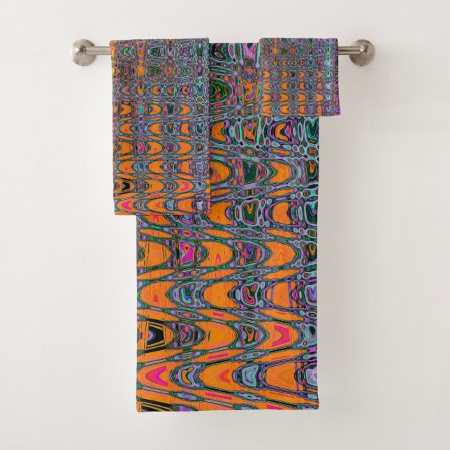 Abstrakte Orange- und Aqua Retro Boomerang Waves Badhandtuch Set (Insitu)