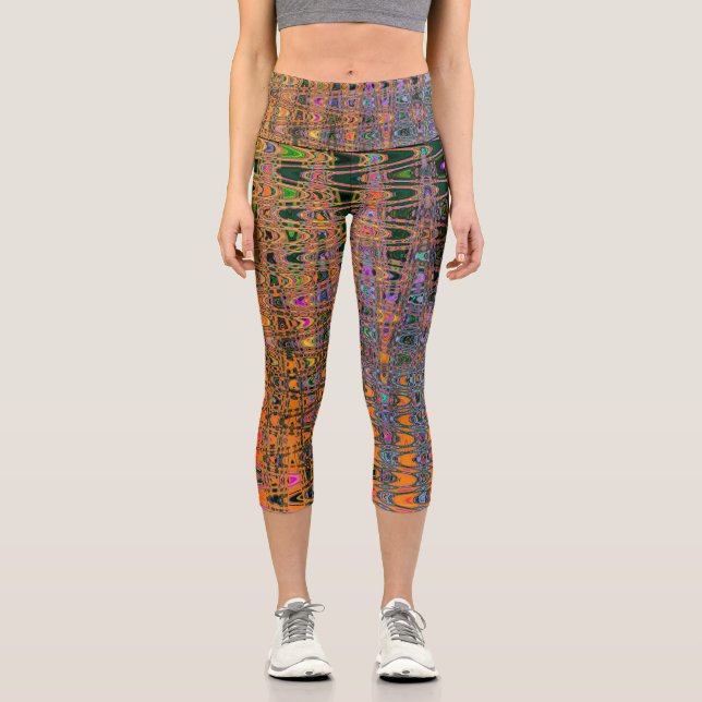 Abstrakte Orange- und Aqua Retro Boomerang Waves Capri Leggings (Vorderseite)