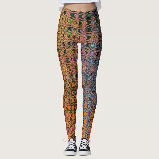 Abstrakte Orange- und Aqua Retro Boomerang Waves Leggings (Vorderseite)